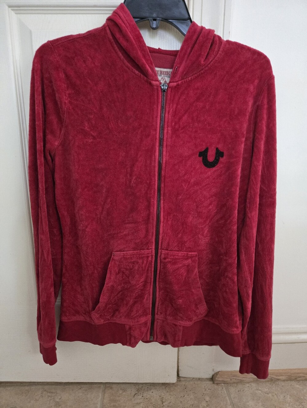 True Religion Burgundy Red Velour Zip Hoodie with Logo Rhinestones